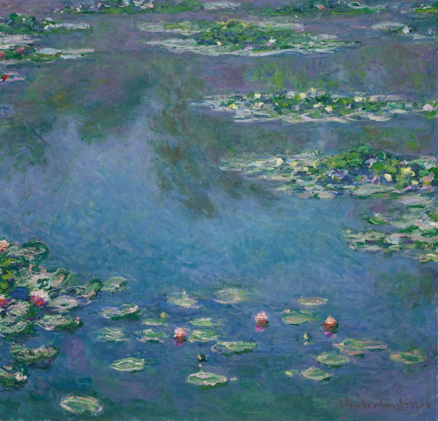 Water Lilies by Claude Monet — a demonstration painting of pink flowers and reflected blue sky